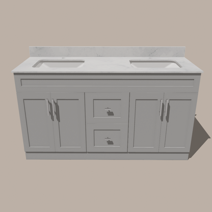 60-Inch Double Sink Shaker Bathroom Vanity — White or Gray | Plywood Cabinet, Solid-Wood Doors, Soft-Close 3-Way Clip-On Hinges | Center Drawers