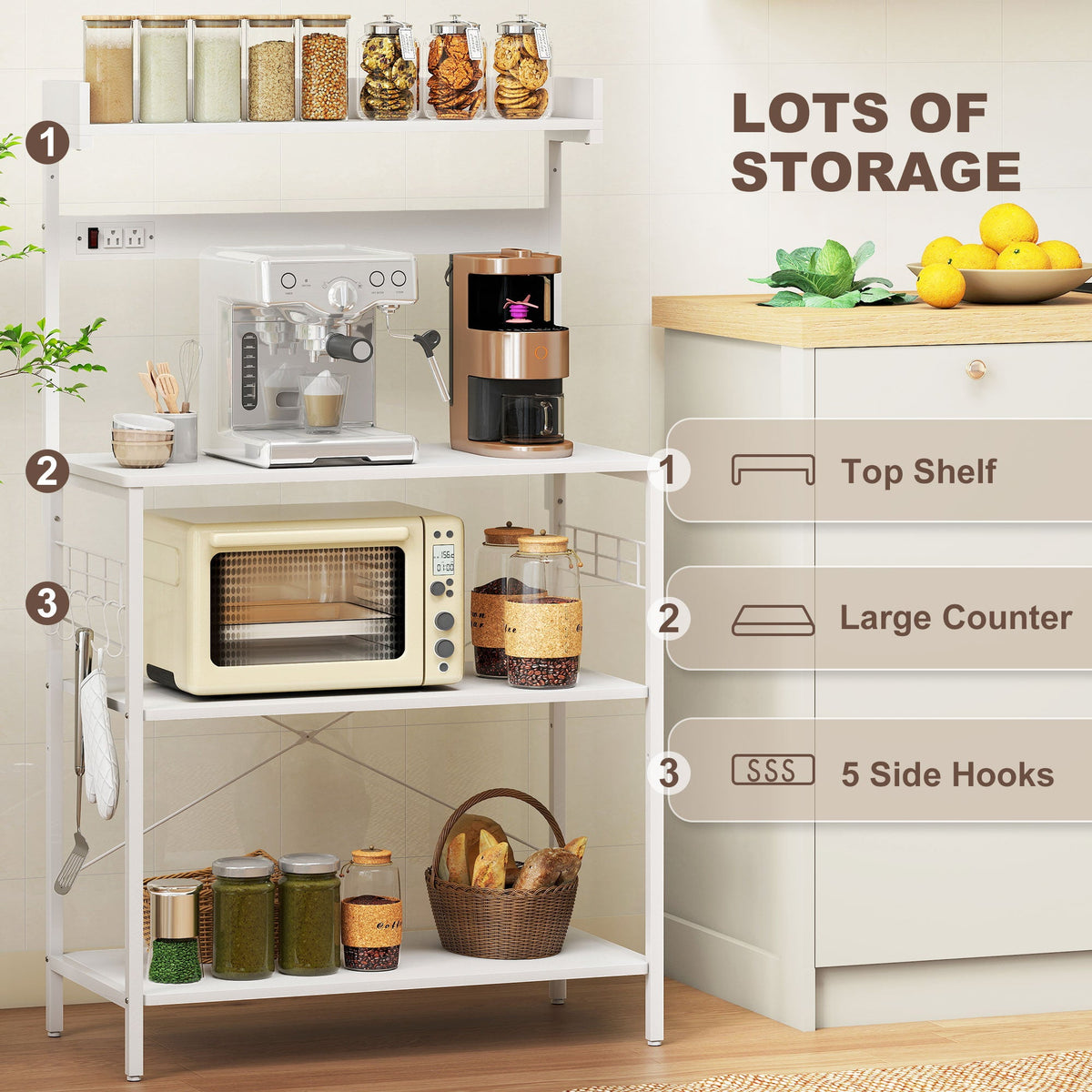 Kitchen Baker's Rack with Power Outlet, Coffee Bar Station with Adjustable Shelves and Hooks, Distressed Grey
