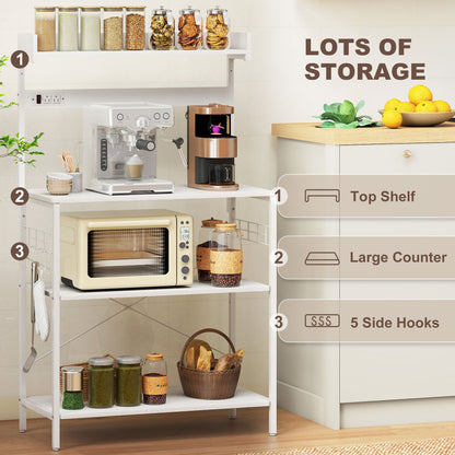 Kitchen Baker's Rack with Power Outlet, Coffee Bar Station with Adjustable Shelves and Hooks, Distressed Grey
