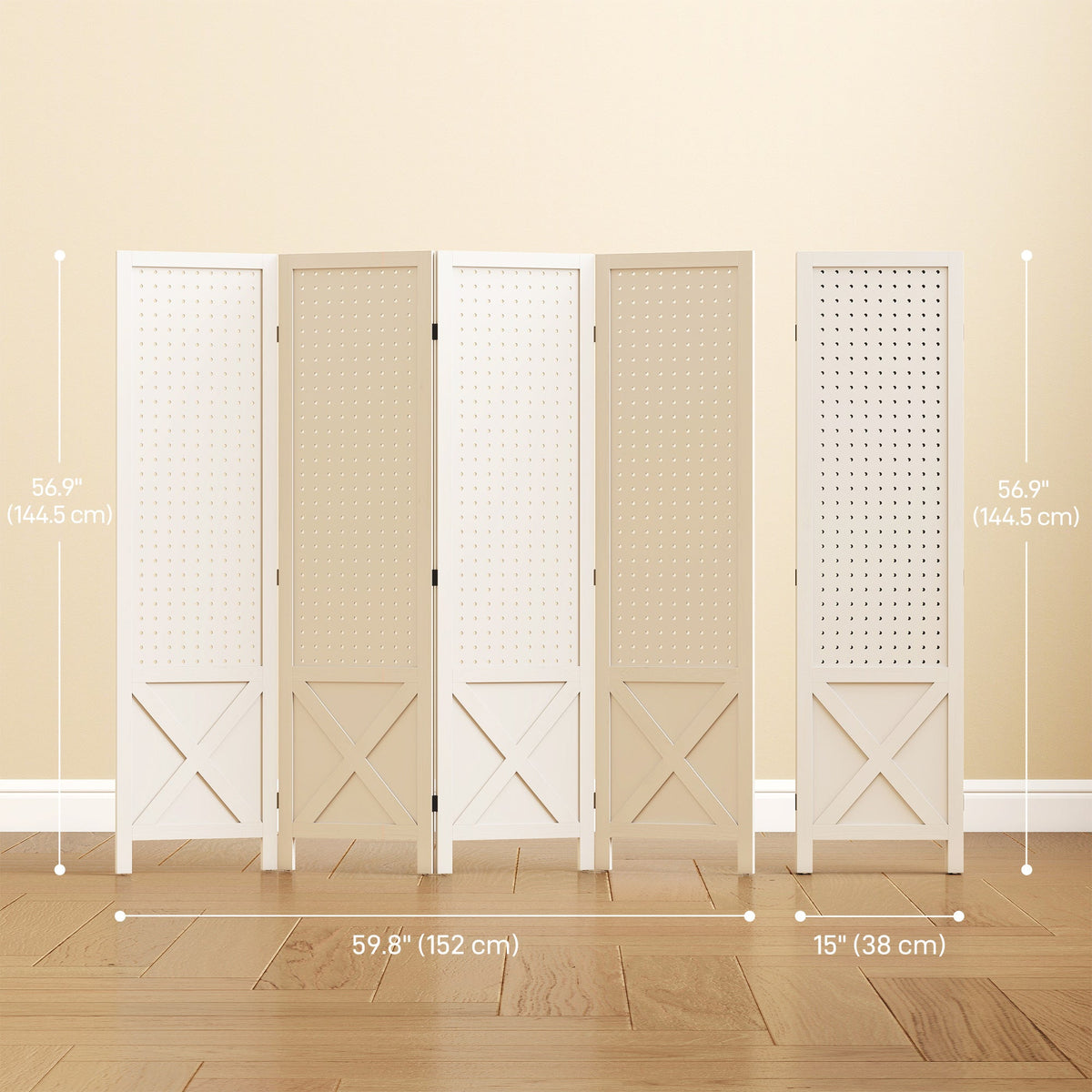 4.7' 3 Panel Wooden Room Divider with Pegboard Display, Folding Privacy Screen for Home Office, Natural