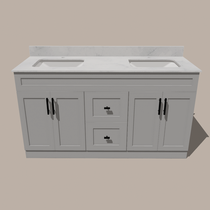60-Inch Double Sink Shaker Bathroom Vanity — White or Gray | Plywood Cabinet, Solid-Wood Doors, Soft-Close 3-Way Clip-On Hinges | Center Drawers
