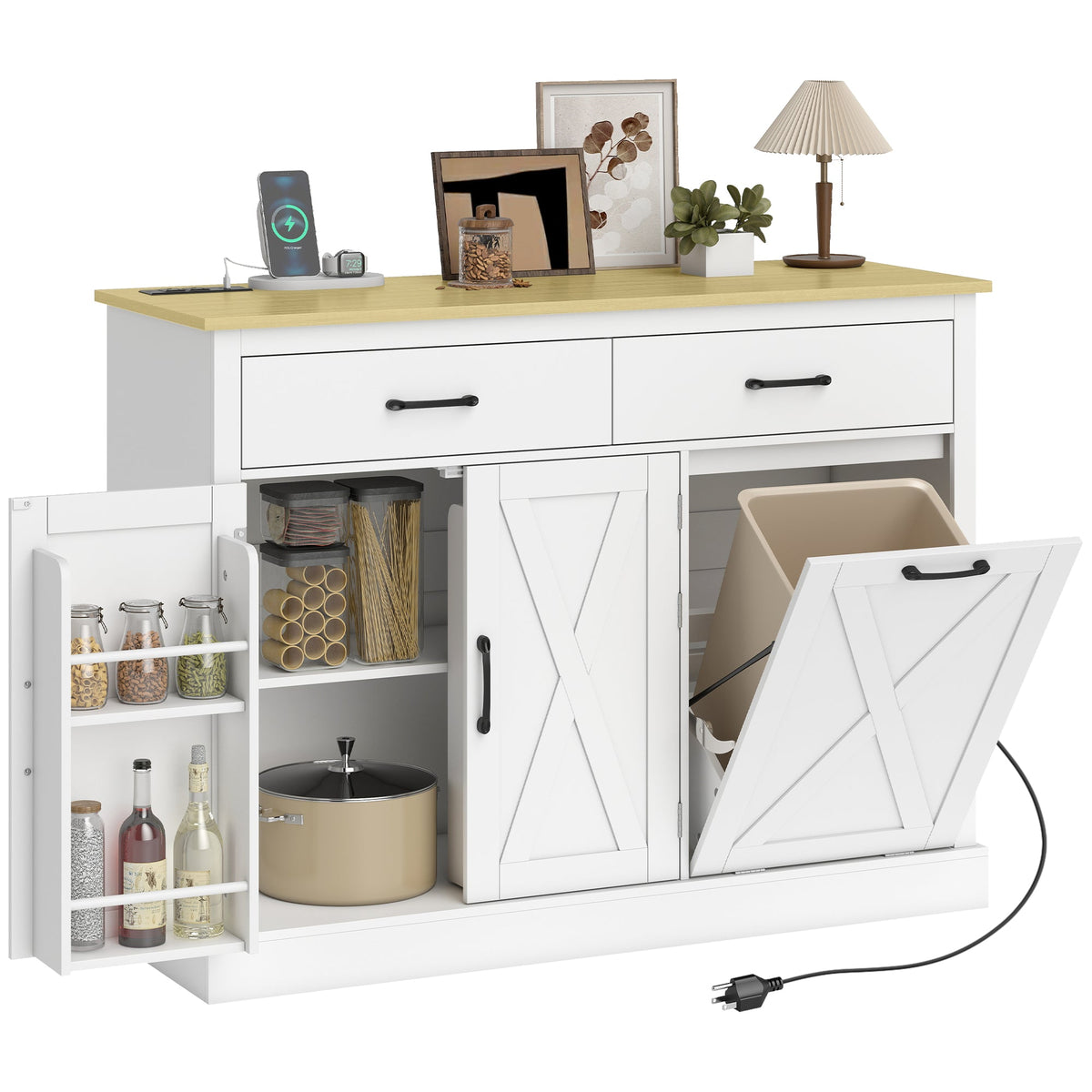 7 Gallon Tilt Out Garbage Cabinet, Kitchen Island with Charging Station, 2 Drawers, 4 Door Racks, Black