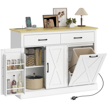 7 Gallon Tilt Out Garbage Cabinet, Kitchen Island with Charging Station, 2 Drawers, 4 Door Racks, Black