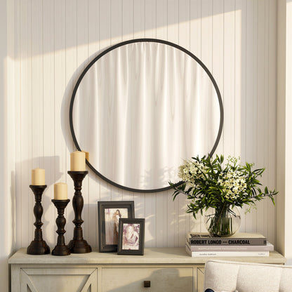 36" Round Mirror, Bathroom Wall Mirror with Metal Frame, Decorative Vanity Mirror for Living Room, Bedroom, Black