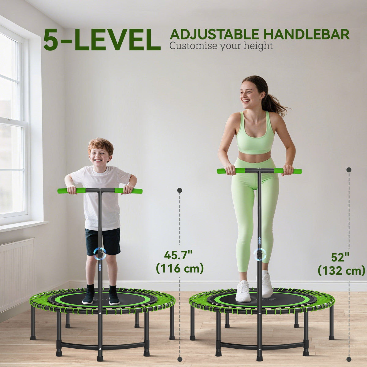 45" Rebounder Trampoline for Adults, Mini Fitness Trampoline Bungee Rebounder with 5-Level Adjustable Handle