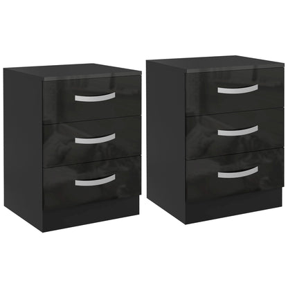 Bedside Table Set of 2, Modern Nightstand with Drawers and High Gloss Fronts, Night Table for Bedroom, Black