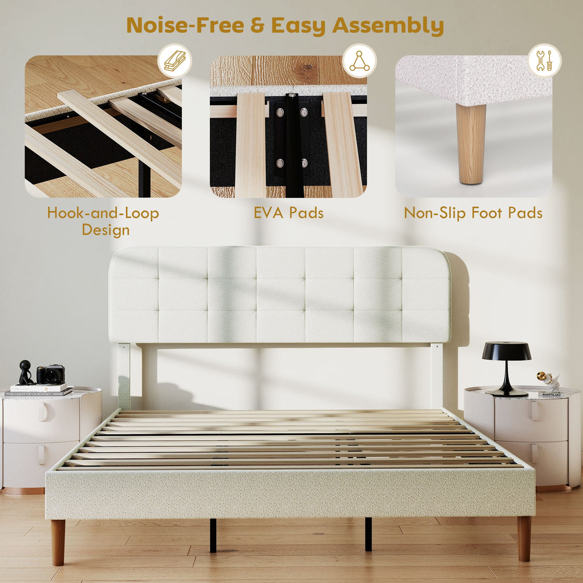 Queen Size Bed Frame with Adjustable Headboard Upholstered Platform Bed Frame with Wood Slat Support Noise Free White