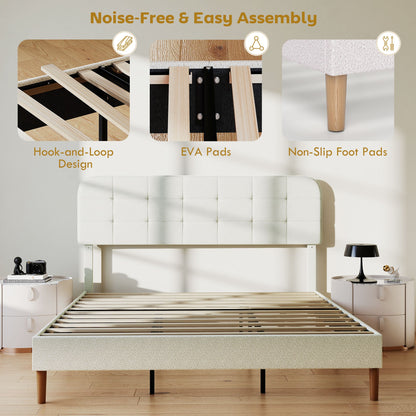 Queen Size Bed Frame with Adjustable Headboard Upholstered Platform Bed Frame with Wood Slat Support Noise Free White