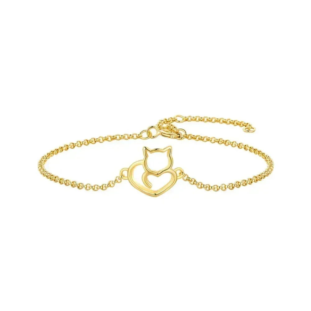 925 Sterling Silver Cat Heart Chain Bracelet