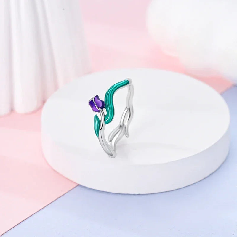 925 Sterling Silver Enamel Tulip Ring