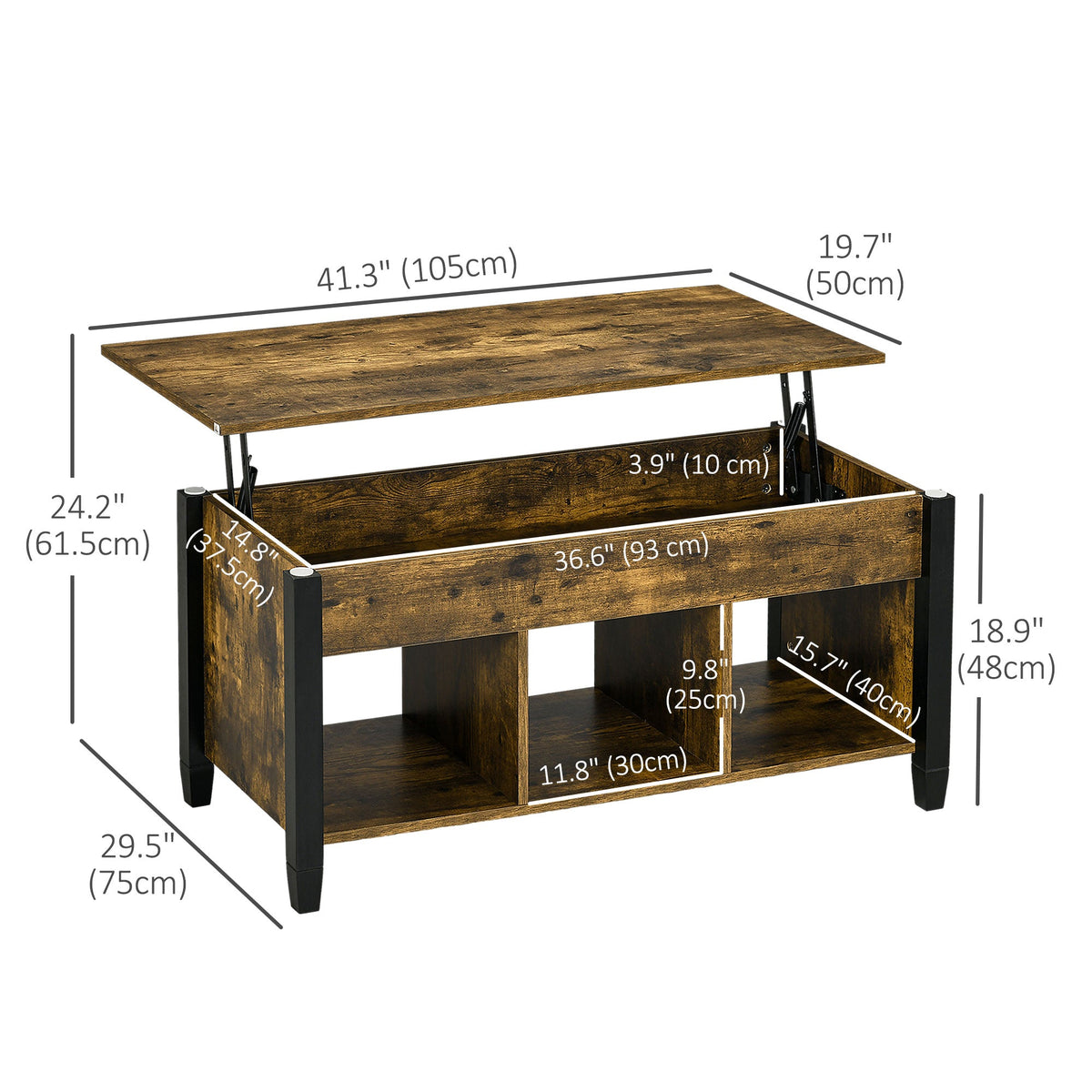 Lift Top Coffee Table, Modern Center Table with Storage Shelves and Hidden Compartment for Living Room, 41" L, Espresso