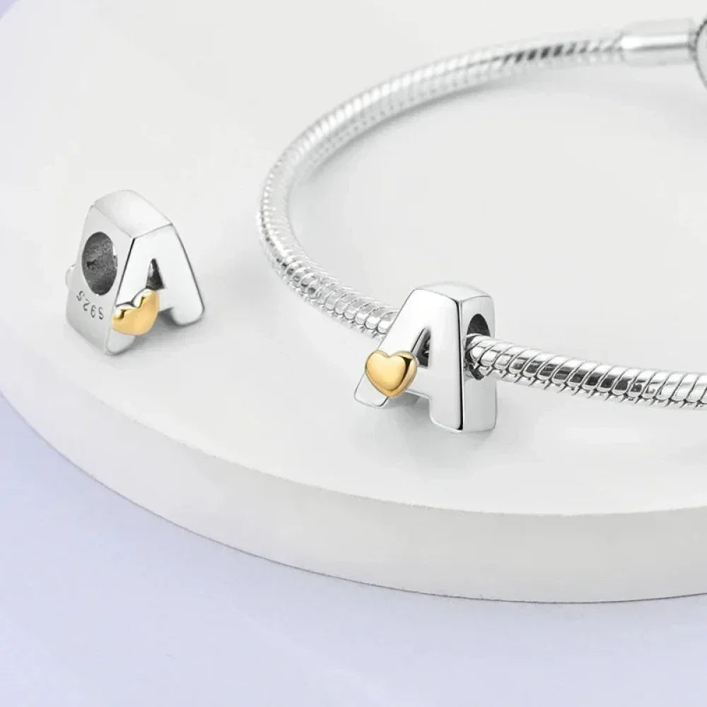 Personalize Your Bracelet: 925 Silver Alphabet Bead With Gold Heart
