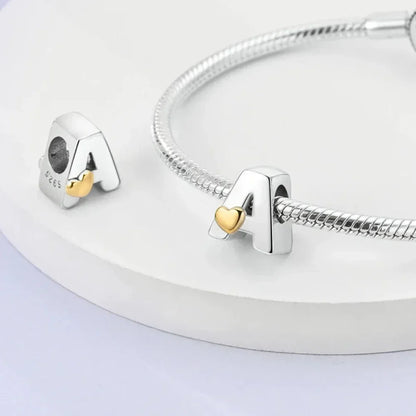 Personalize Your Bracelet: 925 Silver Alphabet Bead With Gold Heart