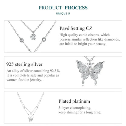 925 Sterling Silver Double-layer Tassel Butterfly Pendant Necklace for Women - Elegant Fine jewelry
