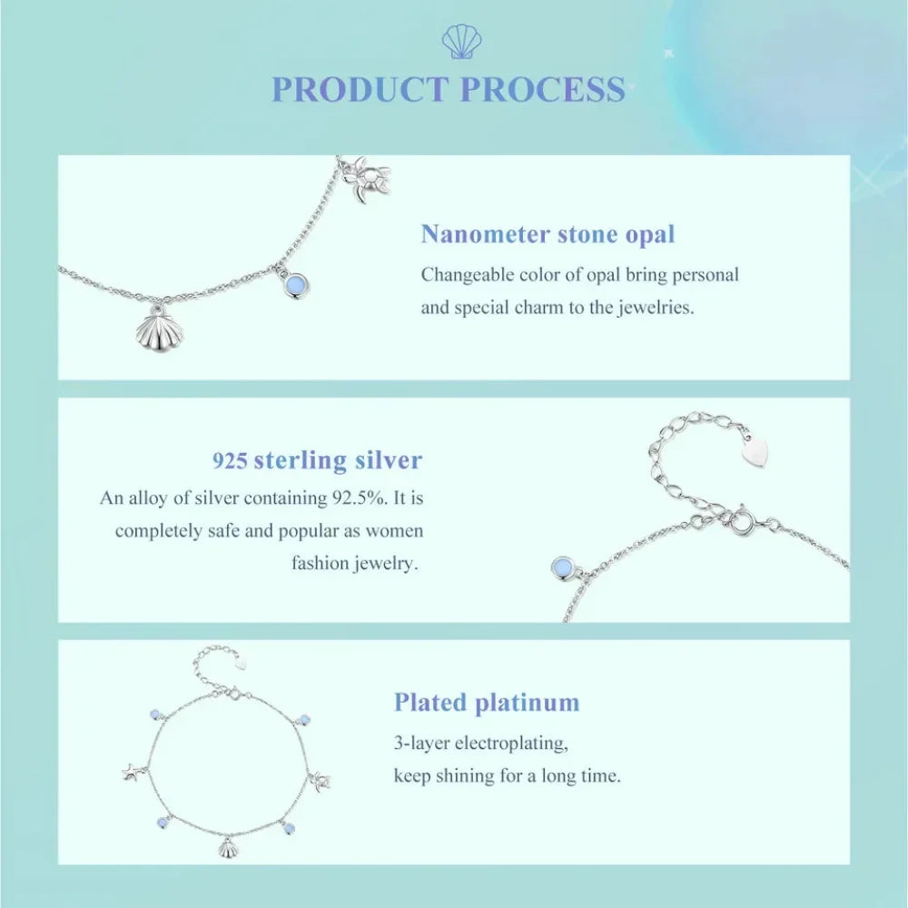 925 Sterling Silver Seastar And Shell Pendant Anklet | Simple Chain Foot Jewelry For Women | Platinum Plated Summer Jewelry