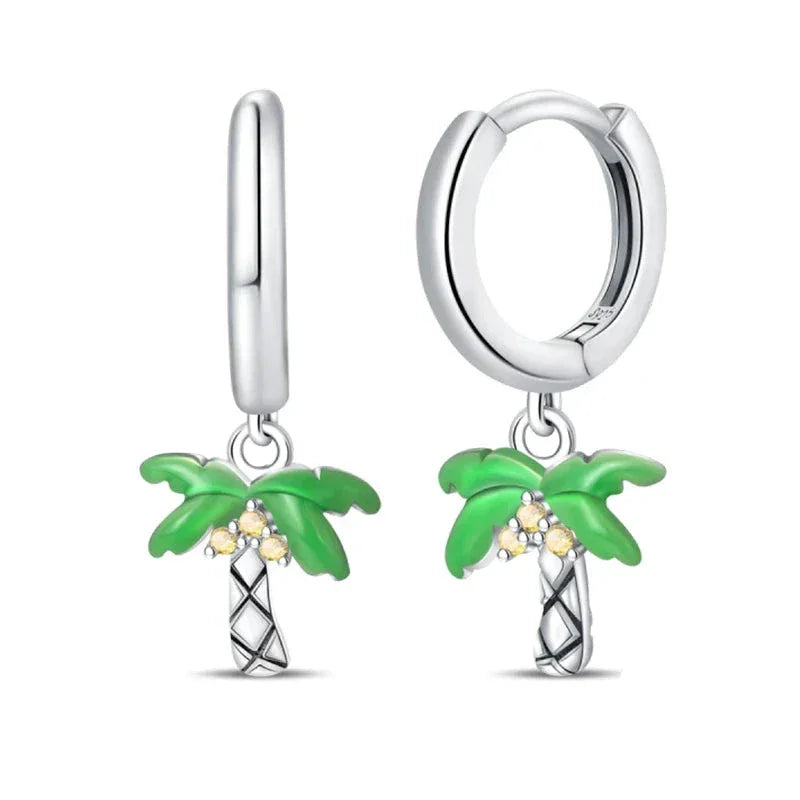 Tropical Paradise Palm Tree Sterling Silver Hoop Earrings