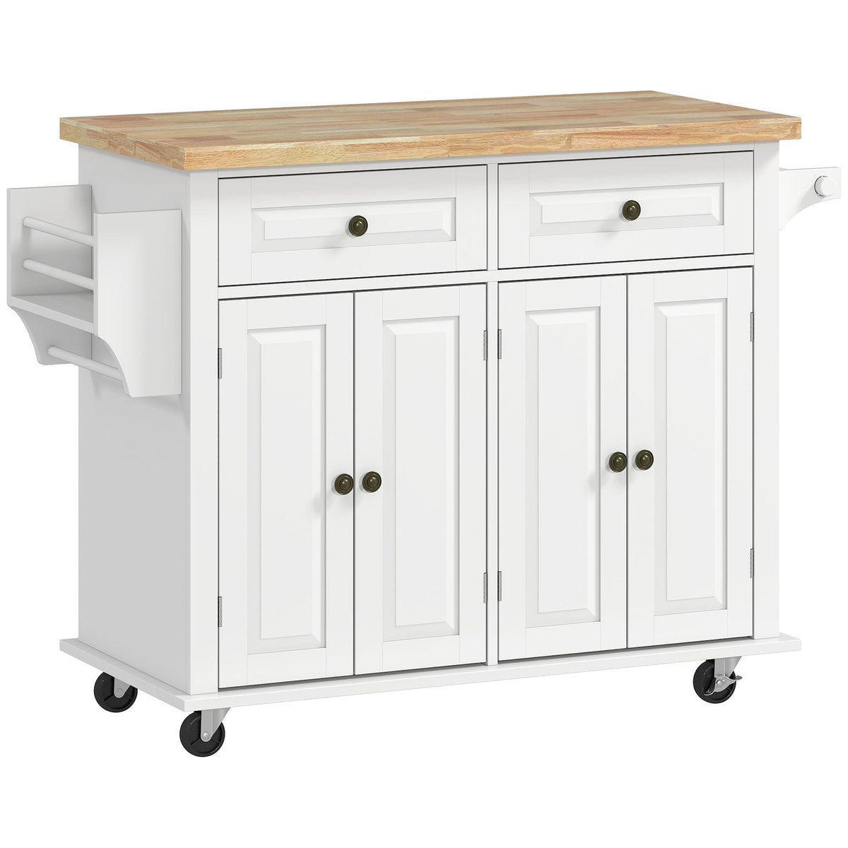 Kitchen Island with Storage, Rolling Trolley Cart with Rubber Wood Top, Spice Rack, Towel Rack, Brown Oak