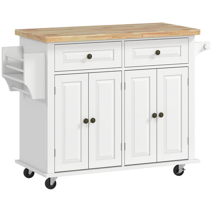 Kitchen Island with Storage, Rolling Trolley Cart with Rubber Wood Top, Spice Rack, Towel Rack, Brown Oak