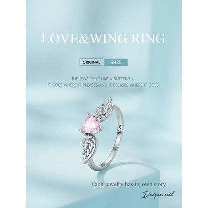 925 Sterling Silver Pink Heart Wing CZ Ring