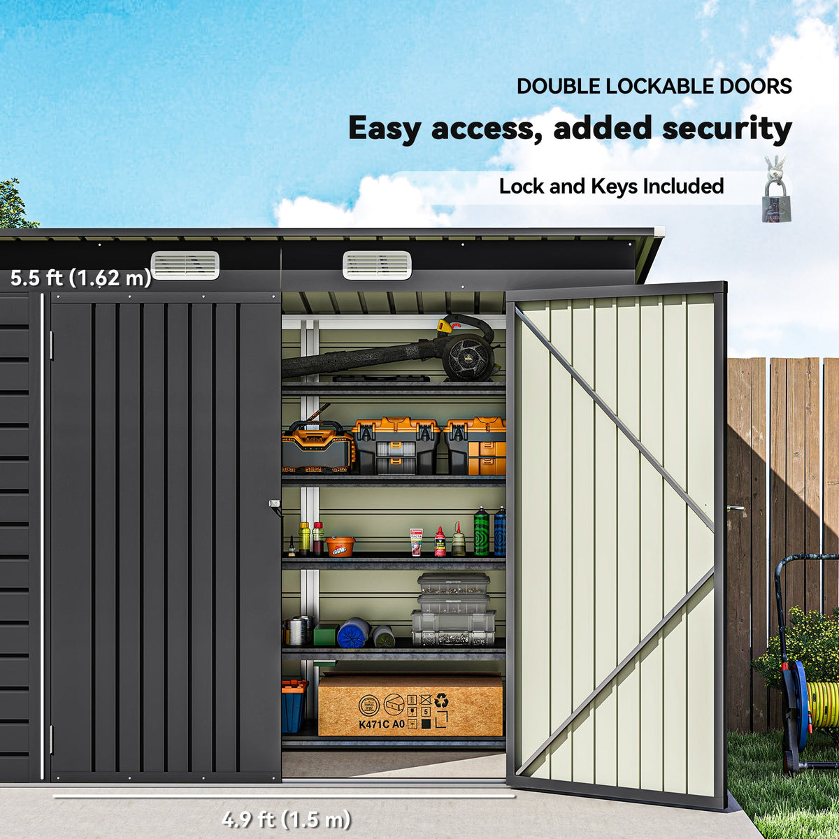 8 x 4FT Galvanized Garden Storage Shed, Metal Outdoor Shed with Double Doors and 2 Vents, Oak