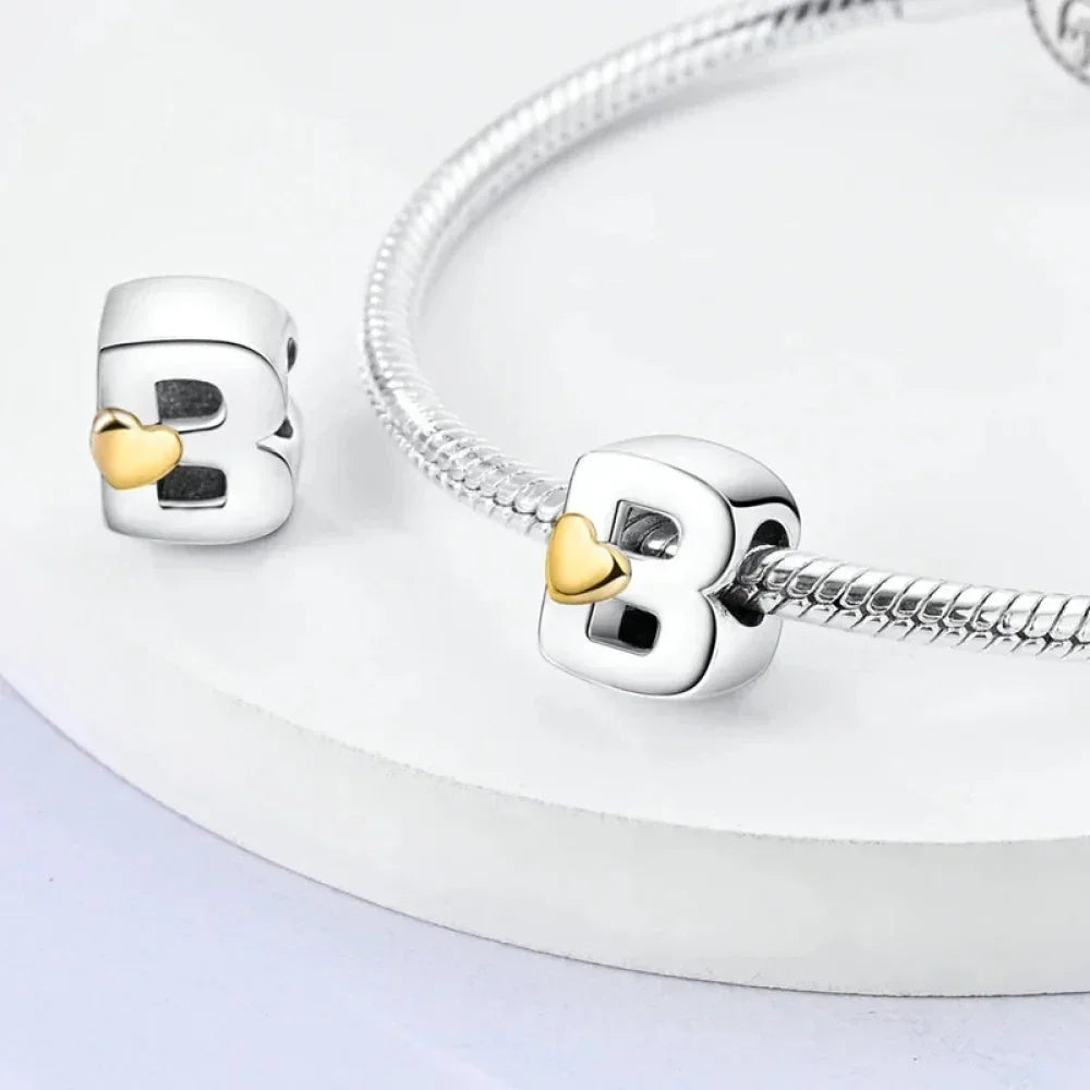 Personalize Your Bracelet: 925 Silver Alphabet Bead With Gold Heart