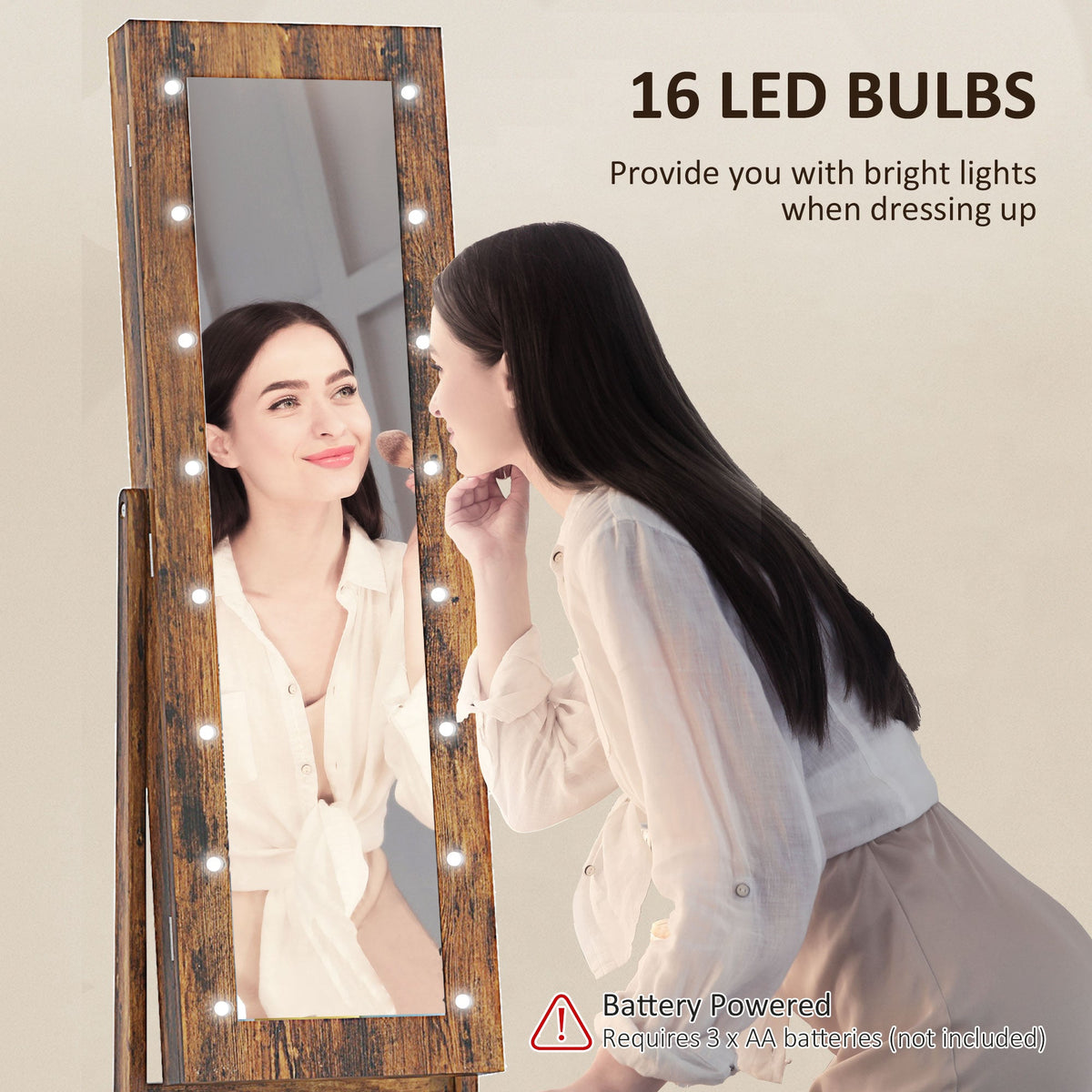 Free Standing Armoire Organizer, Lighted Mirrored Jewelry Cabinet w/ Angle Adjustable & 16 LED Lights Warm White