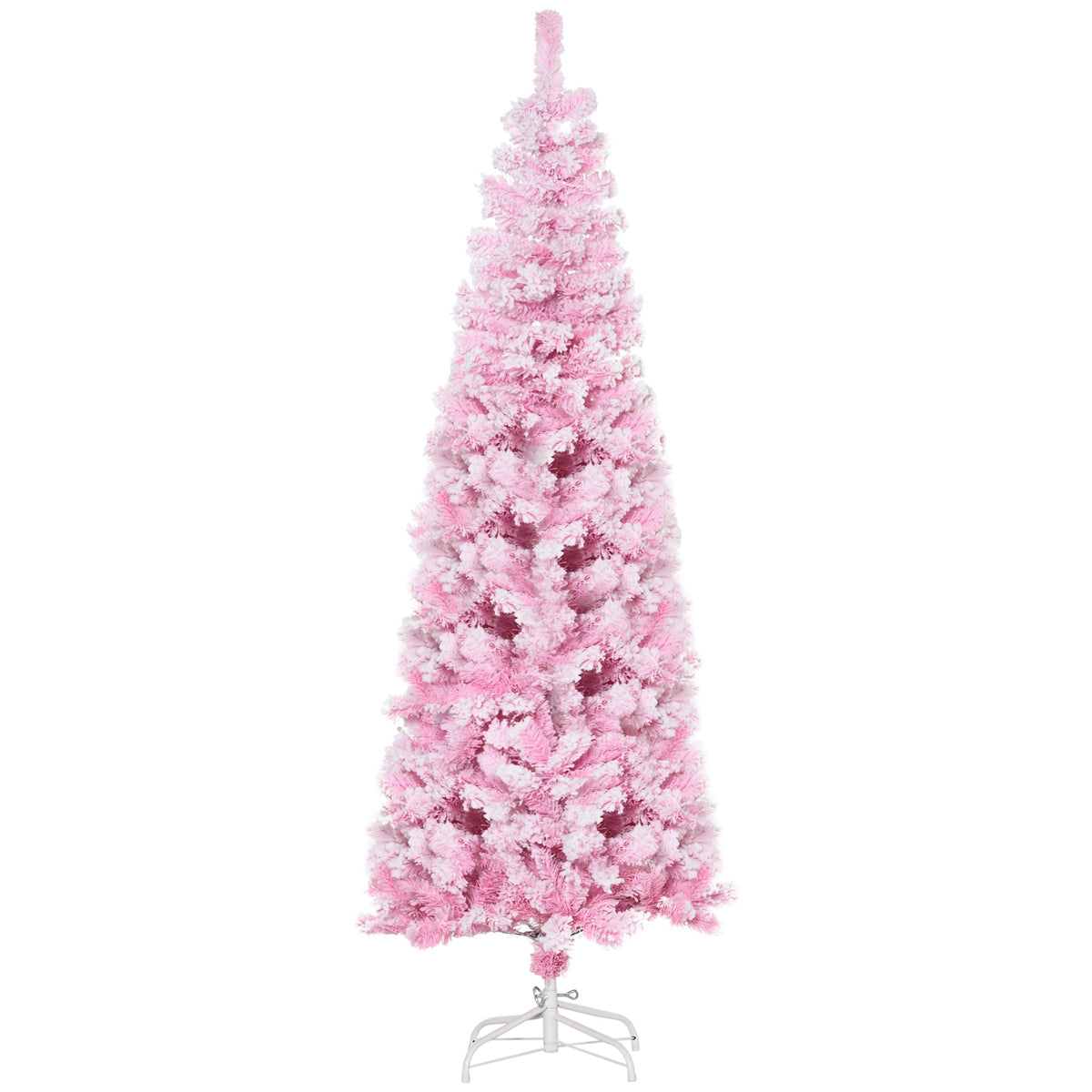5 FT Snow Flocked Artificial Christmas Tree, Pencil Xmas Tree with Realistic Branches, Auto Open and Steel Base, Pink