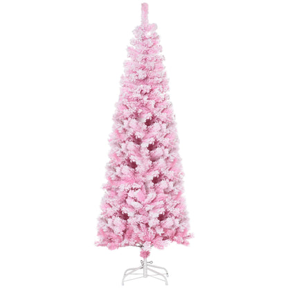 5 FT Snow Flocked Artificial Christmas Tree, Pencil Xmas Tree with Realistic Branches, Auto Open and Steel Base, Pink