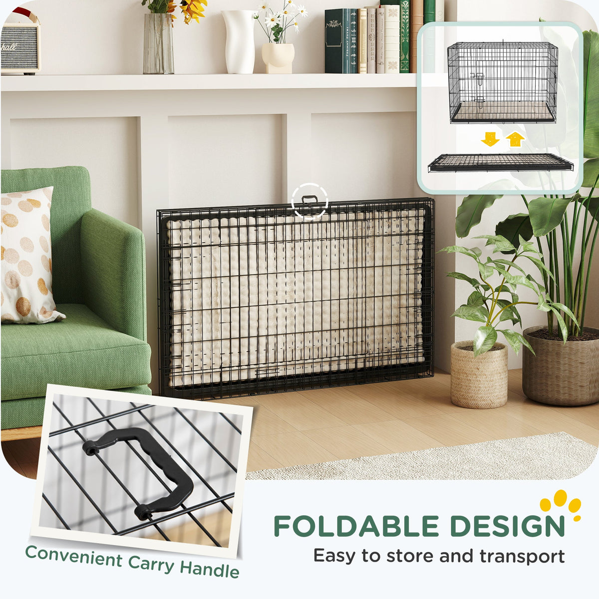 24" Dog Crate with 2 Doors, Folding Metal Dog Cage with Soft Cushion, Removable Tray, Handle for Extra Small Dogs, Black