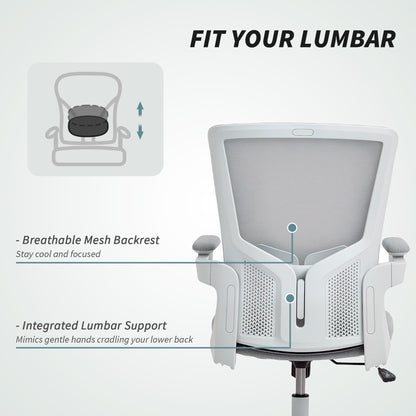 Ergonomic Office Chair, Swivel Desk Chair with Adjustable Lumbar Support, Headrest and Height, Flip-up Armrests, Beige