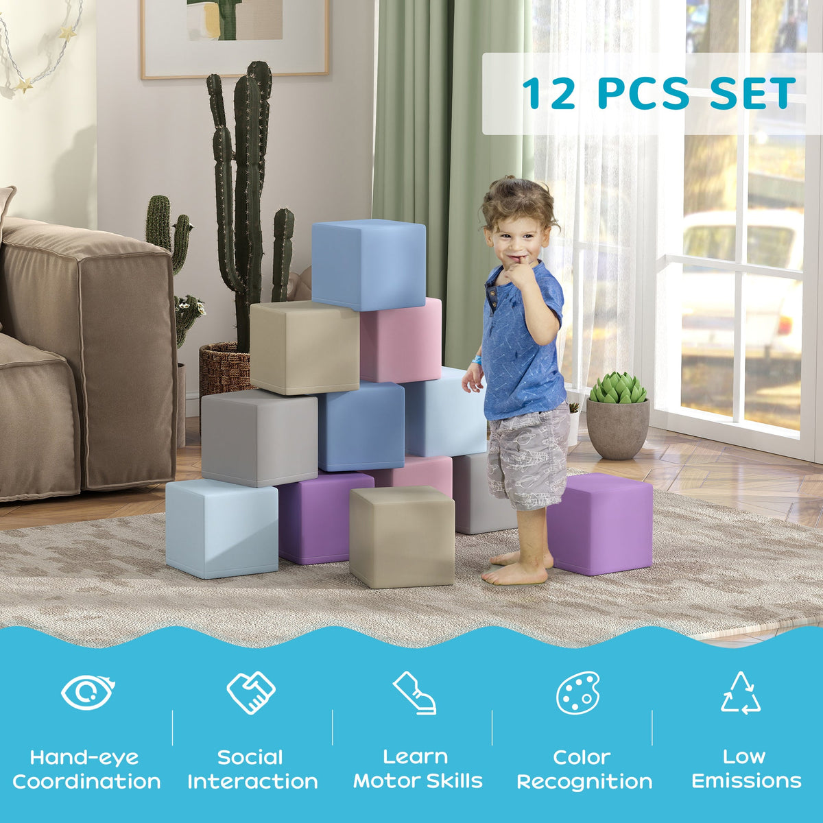 12 Piece Soft Play Blocks Soft Foam Toy Building And Stacking Blocks - Multicolours
