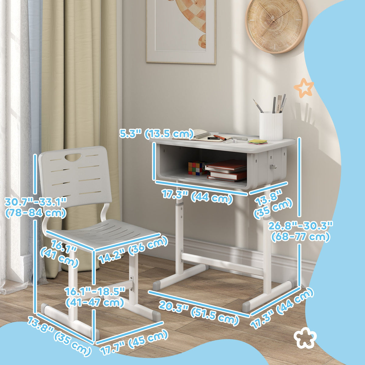 Kids Desk and Chair Set, Height Adjustable Children Study Desk and Chair with Drawer, Study Table for Bedroom, Grey