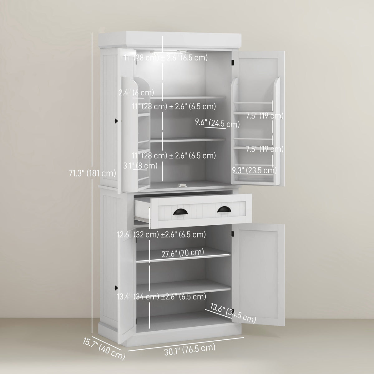 71" Kitchen Pantry Cabinet with LED Lights, 6 Spice Racks, a Drawer and 4 Adjustable Shelves, Black