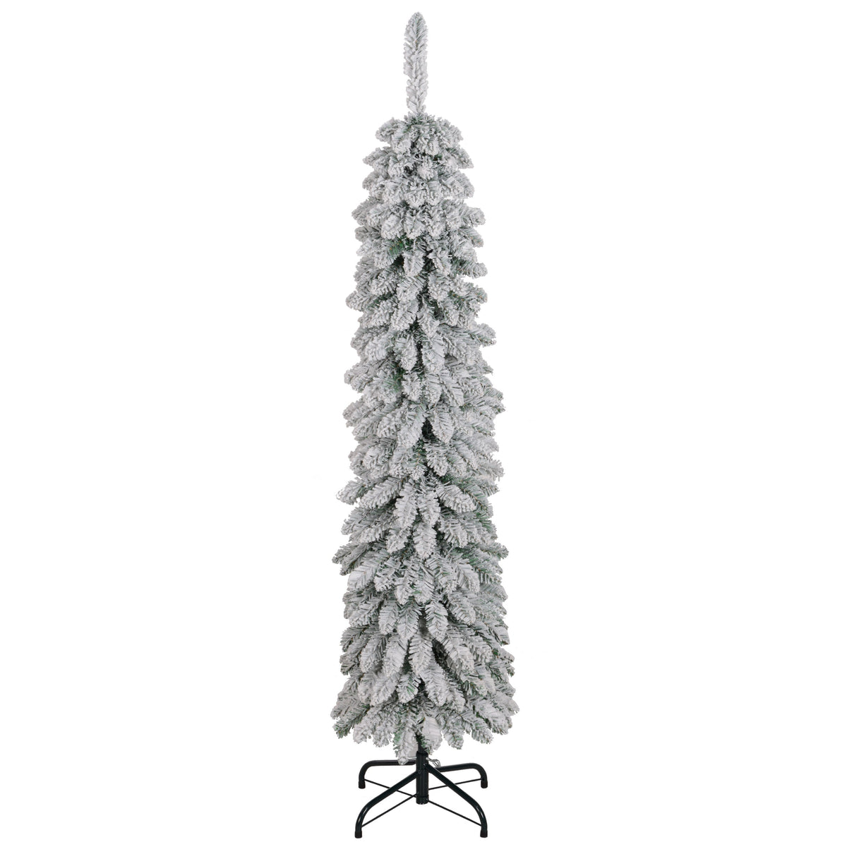 6 Ft Snow-Flocked Artificial Christmas Tree, Slim Pencil Xmas Tree with Realistic Branches, Metal Base, Green