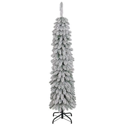 6 Ft Snow-Flocked Artificial Christmas Tree, Slim Pencil Xmas Tree with Realistic Branches, Metal Base, Green