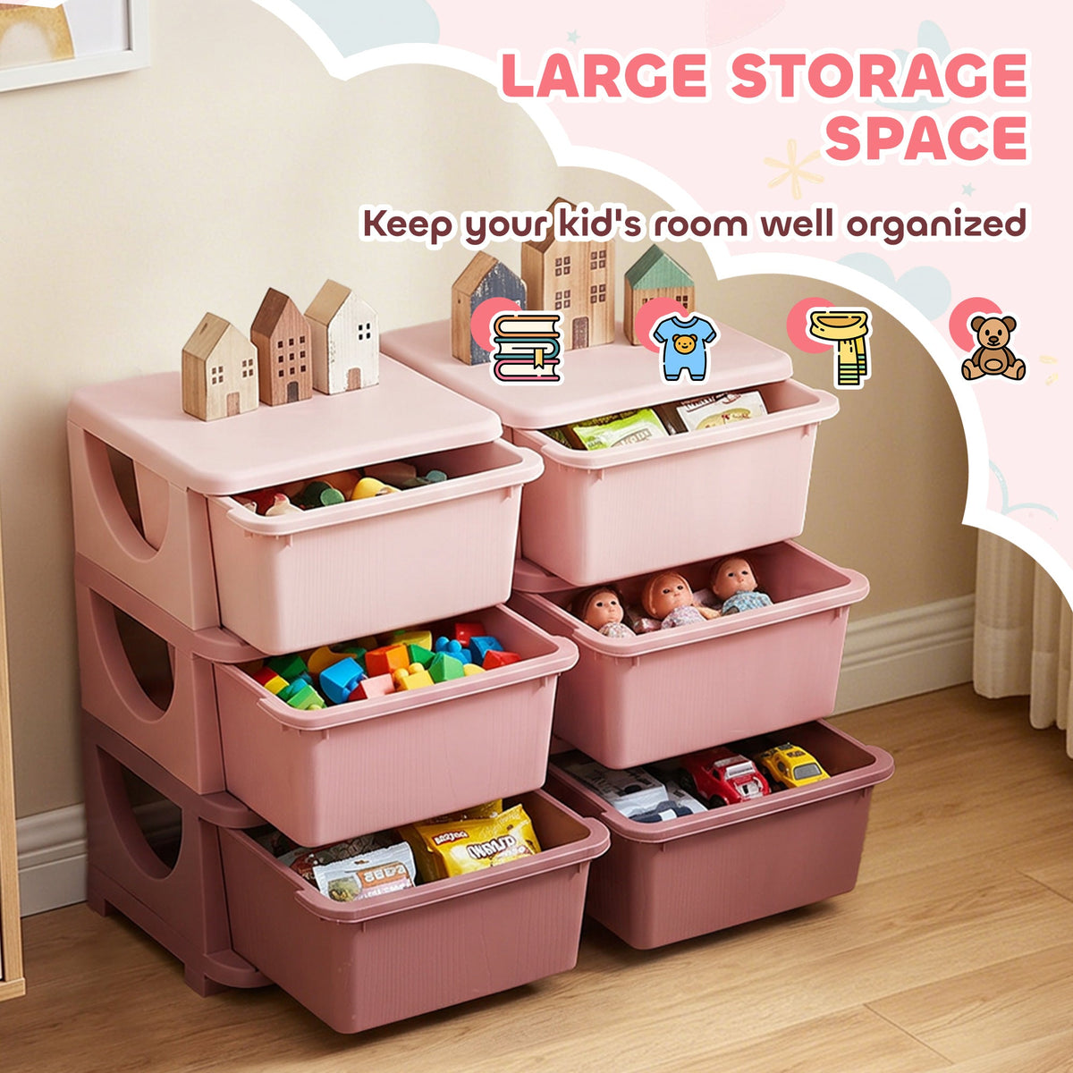 3 Tier Kids Toy Organizer and Storage Bins with 6 Plastic Drawers, Blue