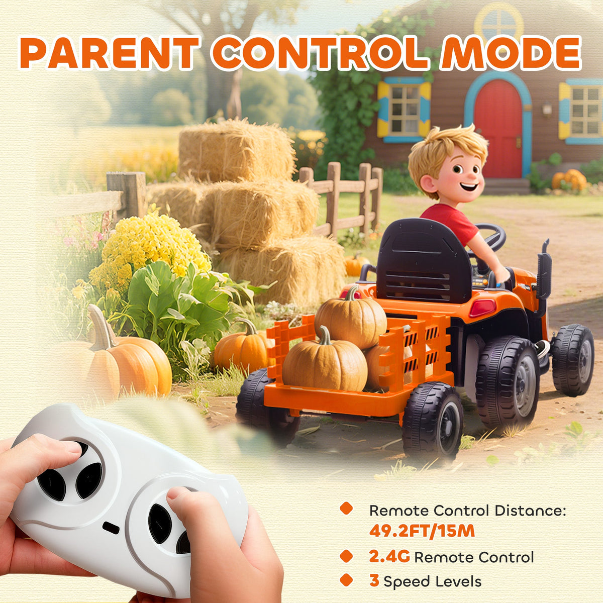 12V Kids Ride On Tractor with Trailor, Remote Control, Music, Lights, Shifter, for Kids Ages 3-8 Years, Blue
