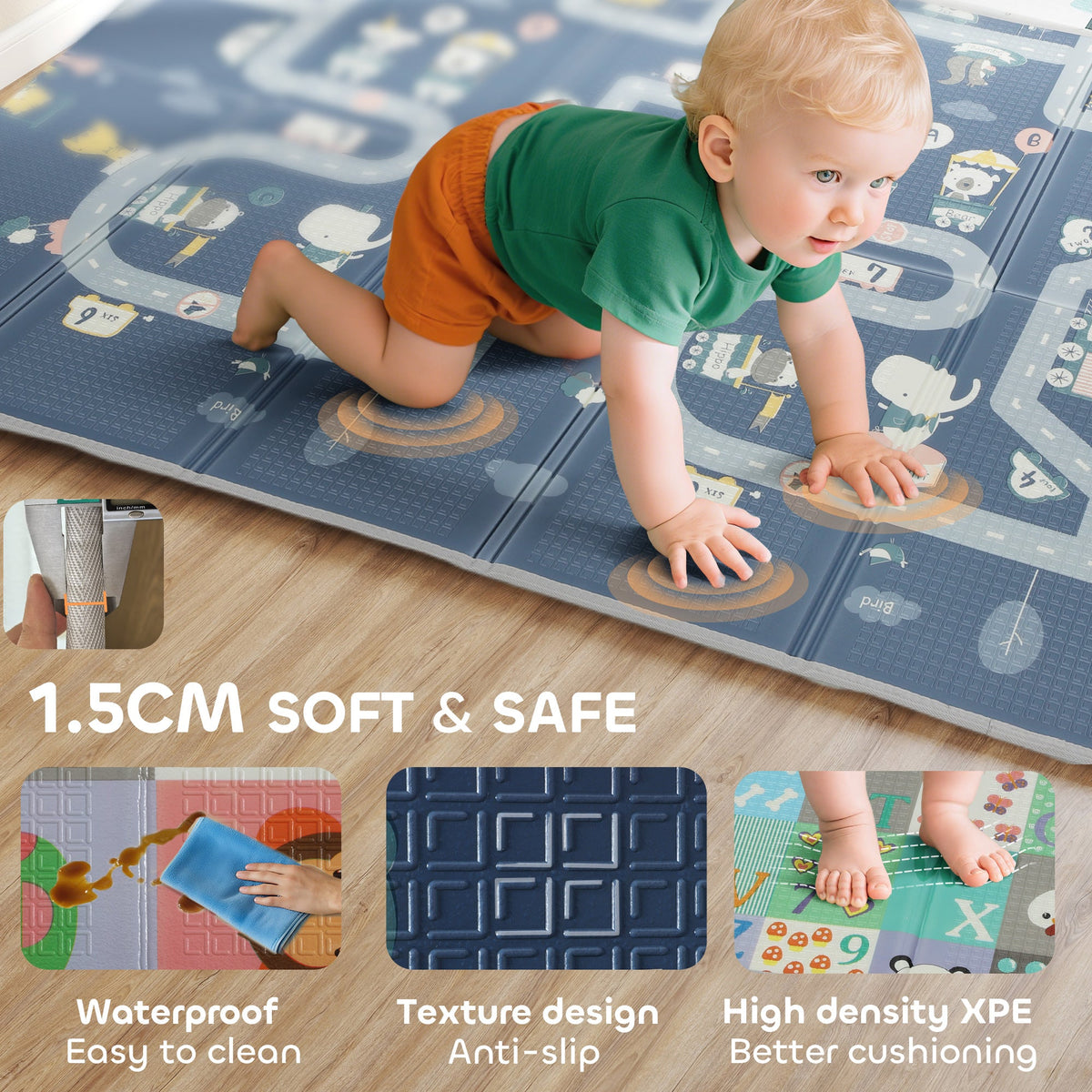 Foldable Baby Plat Mat, 79" x 59" Kids Floor Mat for Crawling and Learning, Alphabet & Track Theme