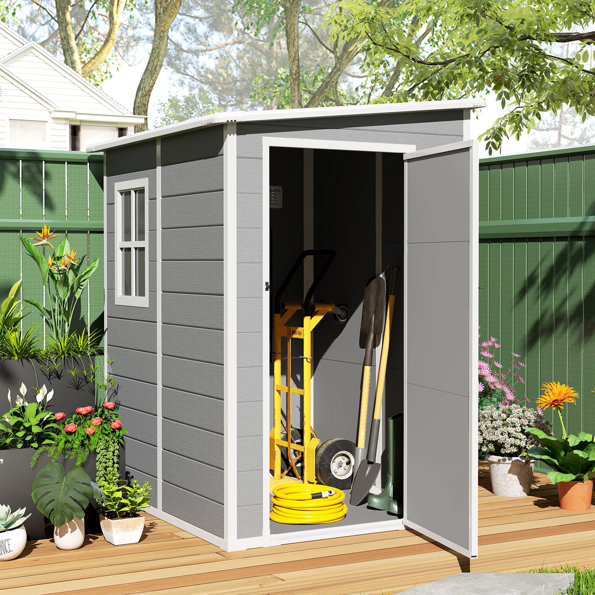 4'x5' Garden Storage Shed, Lean to Shed, Lockable Garden Tool Storage House with Window, Vent, Dark Grey