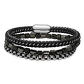 SteelTime Men's Black Leather and Stainless Steel Bracelets with Haematite and Lava Stone