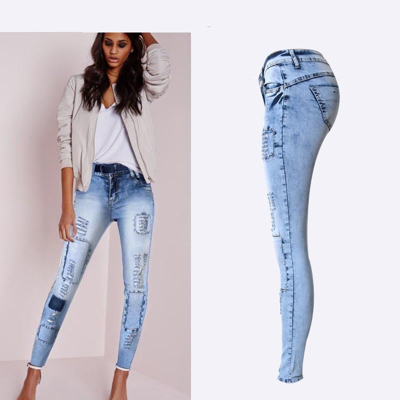 Mid Waist Patch Jeans