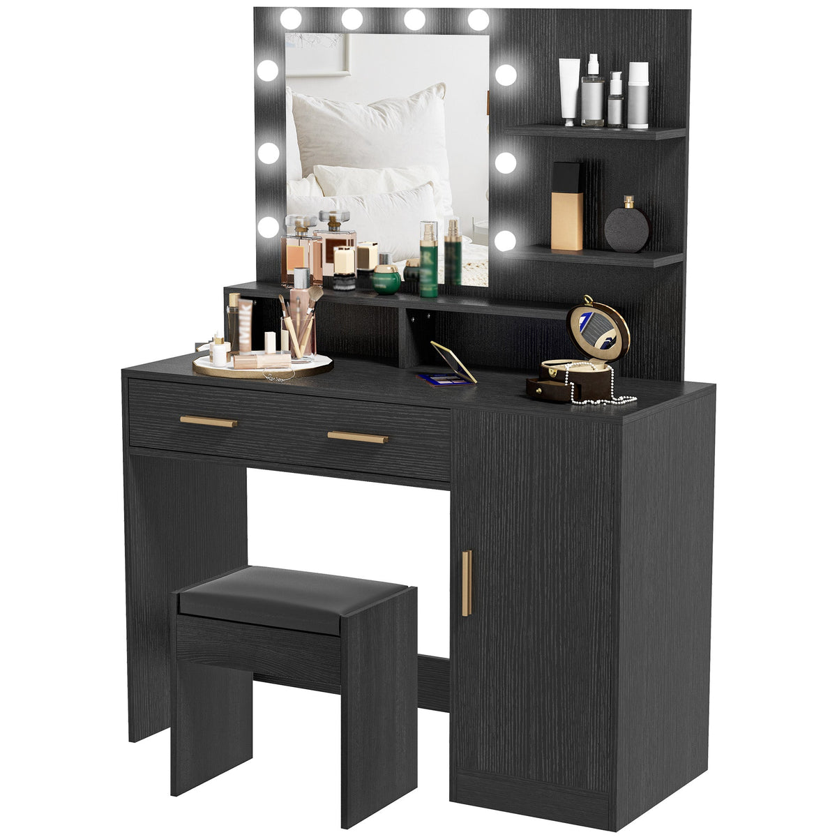 Illuminated Dressing Table Set, LED Vanity Table Set with Stool, LED Mirror, Drawer and Cabinet Shelves for Bedroom