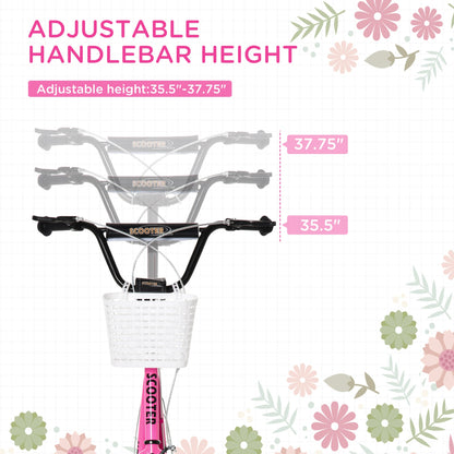 Kick Scooter with Adjustable Handlebar, Kids Scooter with 2 Brakes Basket Cupholder 16" Inflatable Rubber Tyres Orange