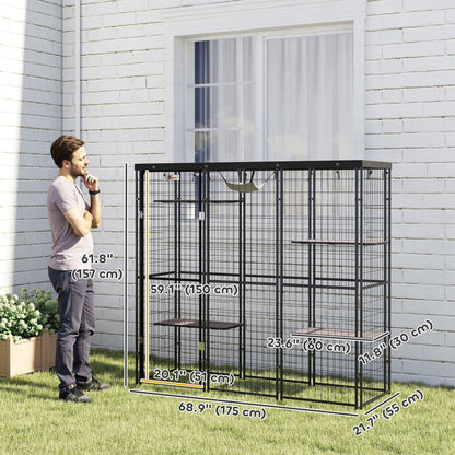 Weld Wire Catio Outdoor Indoor with Waterproof Cover, 4 Jumping Platforms, Hammock, 69" x 22" x 62", Black
