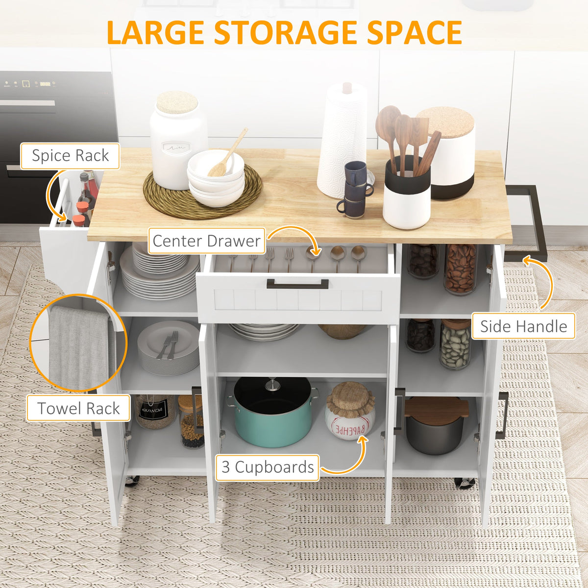 Modern Rolling Kitchen Island Cart with Drawers, Natural Wood Top, Towel Rack, Door Storage Cabinet, Black