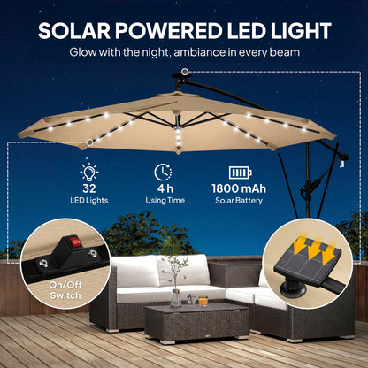 9.7ft Solar LED Cantilever Patio Umbrella with 32 LED Lights, Cross Base, Crank Handle, for Poolside, Deck, Dark Blue