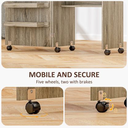 Sewing Machine Cabinet, Folding Sewing Table with Storage Shelf, Bins and Lockable Wheels for Small Space, Brown