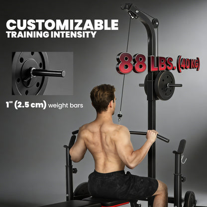 Multi-Function Home Gym Machine with Bench Press Rack, Squat Rack and Lat Pulldown System, Black