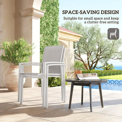 Set of 2 Outdoor Garden Chairs, Stackable Patio Dining Chairs with Breathable Fabric, Armrests and Backrest, Light Grey
