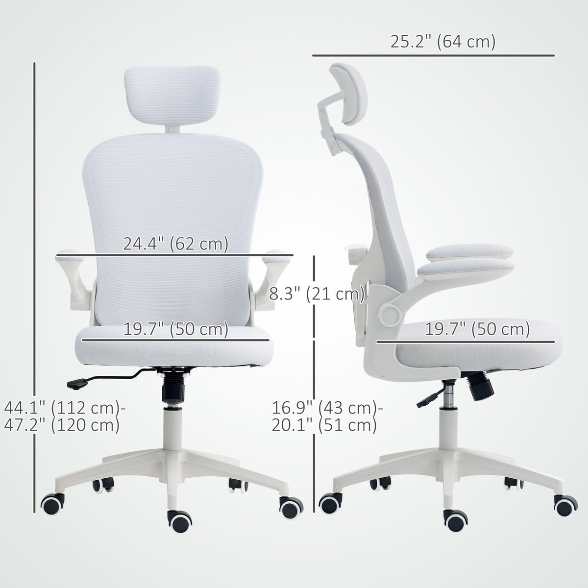 Office Chair, Mesh Computer Desk Chair with Adjustable Headrest, 4D Lumbar Support, Flip-up Arm, Grey